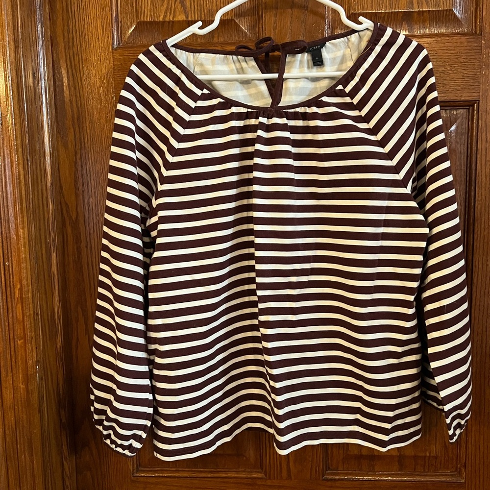 J. Crew XL Pullover Tie Back Brown & Off White Striped 3/4 Sleeve